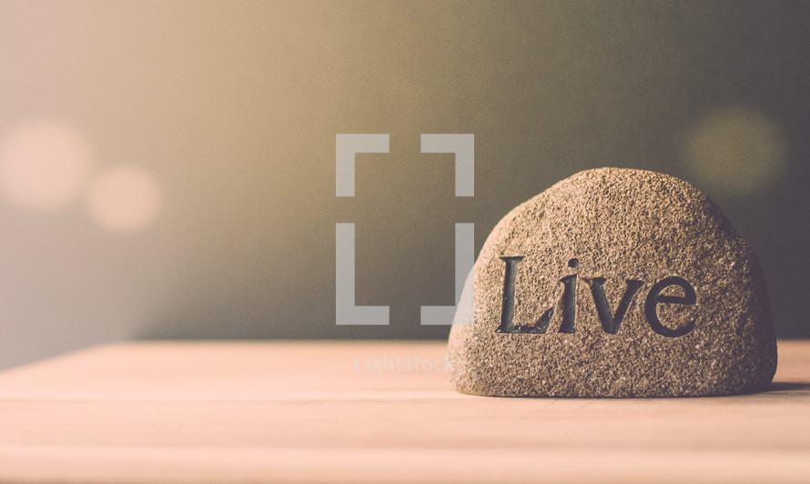 a rock with the word live