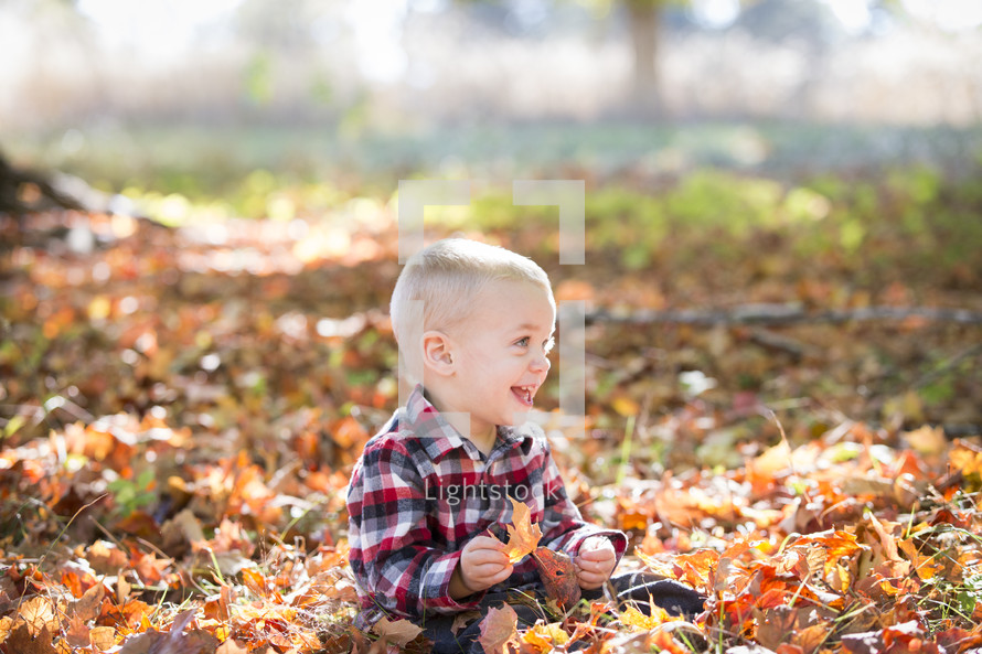a toddler playing in fall leaves