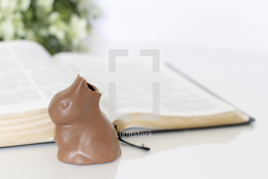 chocolate bunny and an opened Bible 