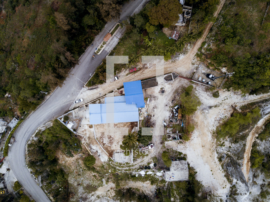 aerial view over home in a poor neighborhood 