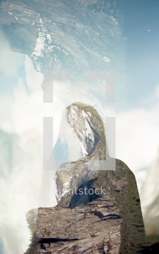 double exposure, mountain peak and woman's silhouette 