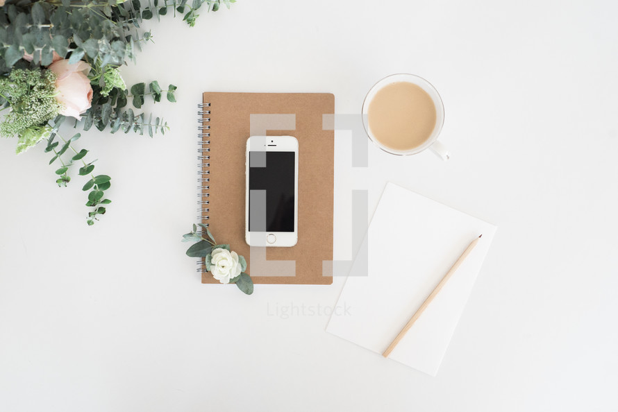 notebook, notepad, pencil, white background, journal, workspace, desk, flowers, cellphone, phone, coffee, creamer, roses, flowers