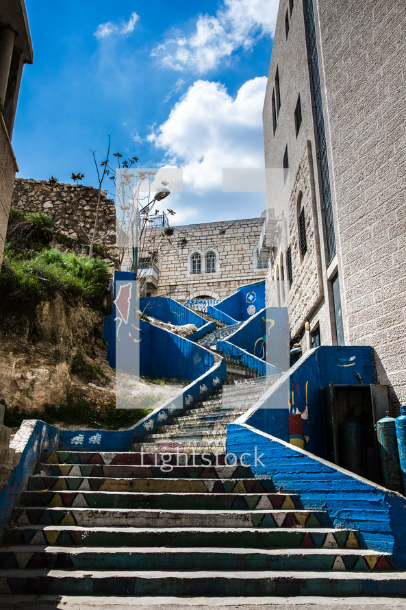 painted blue steps in the holy land 