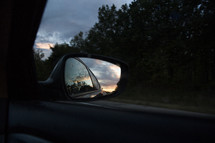 car mirror at sunset 