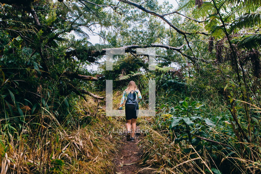 a woman hiking through a jungle 
