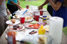 food on a picnic table at an outdoor cookout 