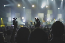 fans in an audience at a concert with raised hands 