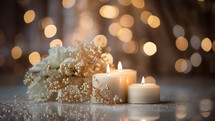 Beautiful thick candles with branches made of golden metal, decorated with gorgeous pearls. In the background, we see fairy lights. 