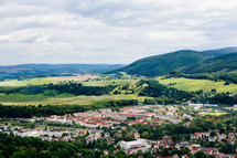 aerial over a town in a valley 
