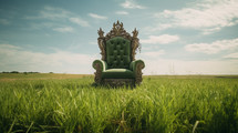 Royal throne in the middle of a field. 