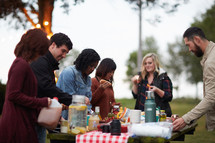 friends gathered around a table getting food at an outdoor party 