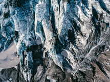 glacier ice along a mountainside 