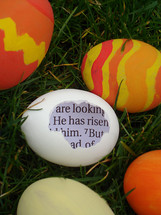 eggshell in the gras with a piece of the bible inside saying: HE HAS RISEN! between colored eggs, 
