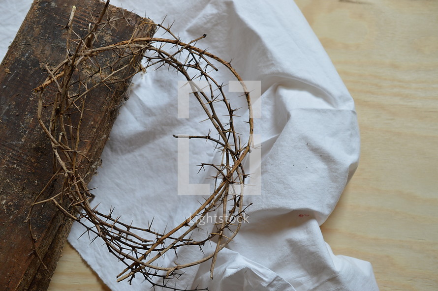 crown of thorns, a piece of cloth and a wooden beam