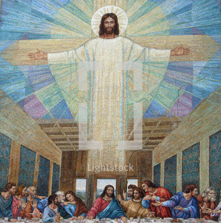 A large mural painting of Jesus over a painting depicting The last supper painting from early church art history.