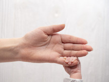 Newborn baby's hand holding finger of his loving mother. Concept of love and family. White background.