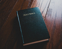 Holy Bible lying on a wood floor