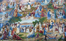 A large full color mural depicting the life, ministry and miracles of Jesus that He performed during his years as an adult. Full color fine art painting showing the life and miracles of Jesus during the time of the gospels.