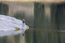 a man fly fishing in a river 