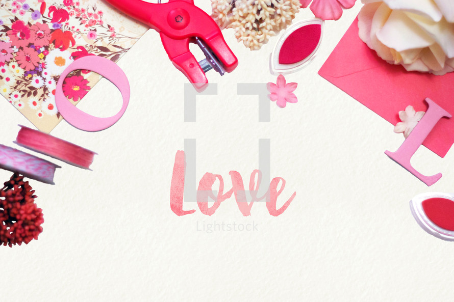 word, love, lettering, ribbon, stack, floral, paper, Valentines day, background, hole puncher 
