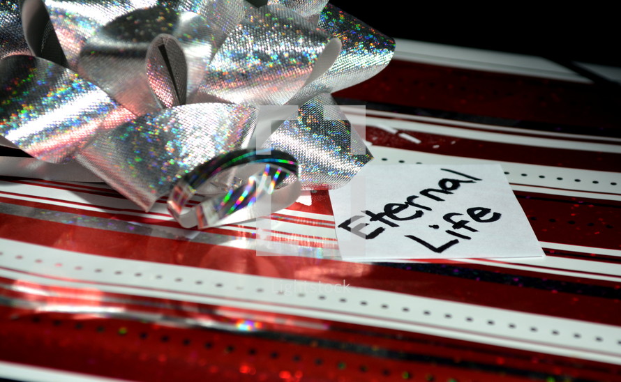 A wrapped present with the tag reading, "eternal life."