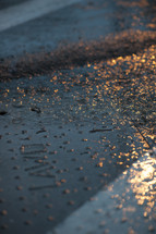 glistening sunlight on wet asphalt 