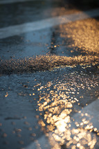 glistening sunlight on wet asphalt 