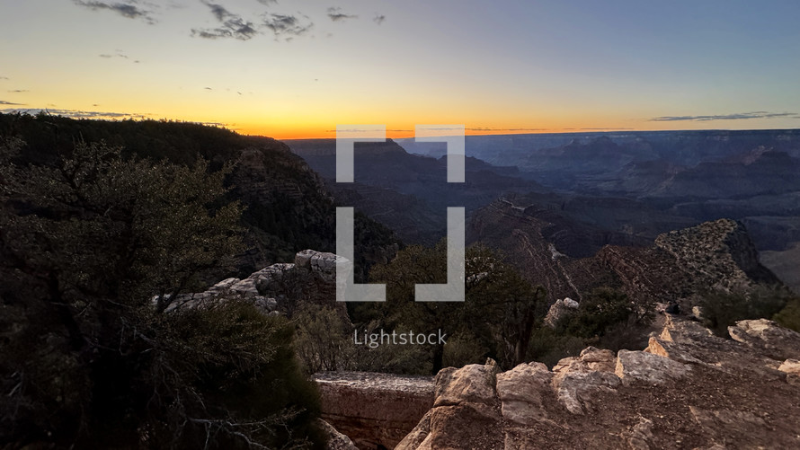 Grand Canyon wide vista at sunset.