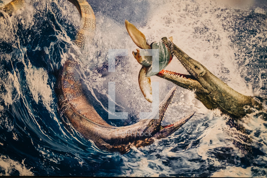 October 2023 - Prague, Czechia. Paleontology Ancient Marine Reptiles picture art. Dinosauria Museum, Modern exhibition for children and adults. Education concept. High quality photo
