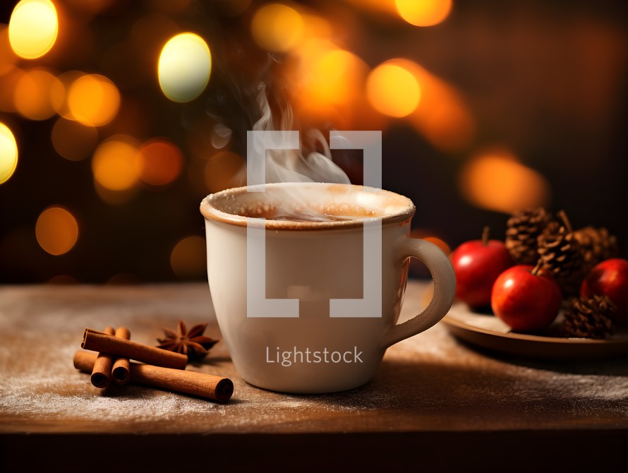 Mug of Hot Chocolate on a Wooden Table with Christams Tree Lights in the Background