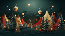 3D scene of green, red, and gold trees and ornaments in the night sky. 