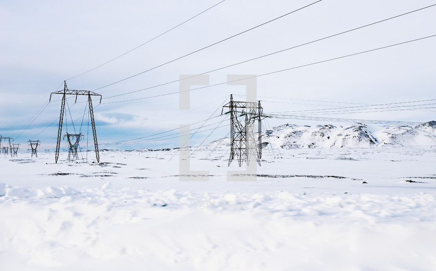 power lines in the snow and ice in Iceland
