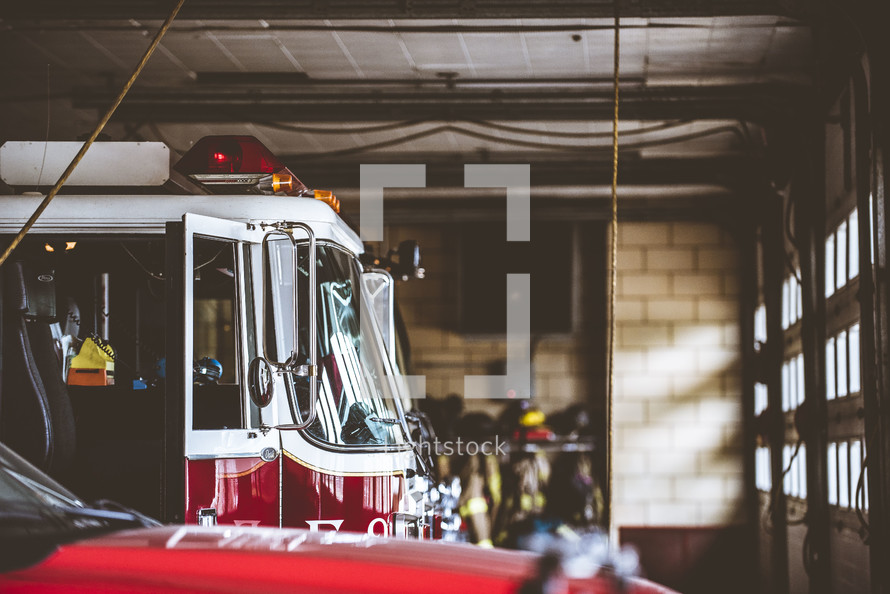 fire truck in a fire station 