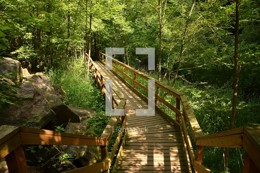 Wooden walkway on a hiking trail near Cascade Falls in Osceola, WI