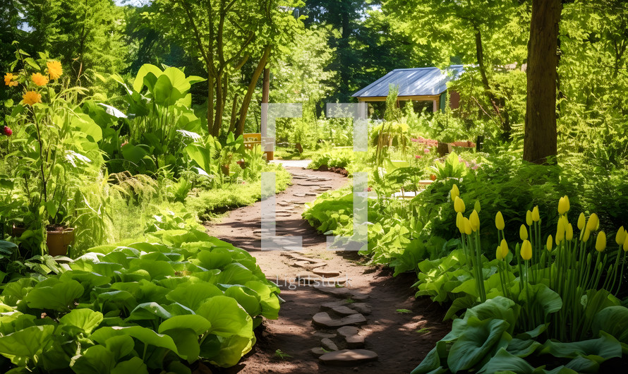 A Beautiful Spring Garden with a Path and Flowers