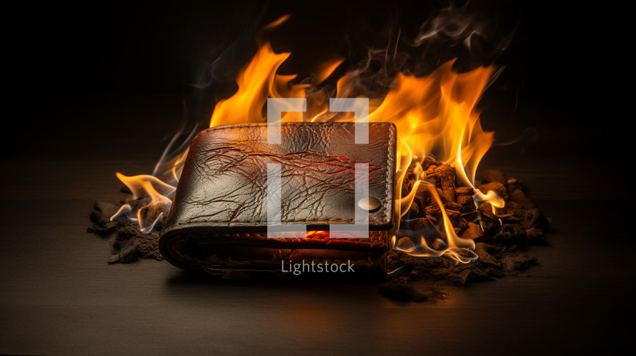 Leather wallet burning on hot coals. 
