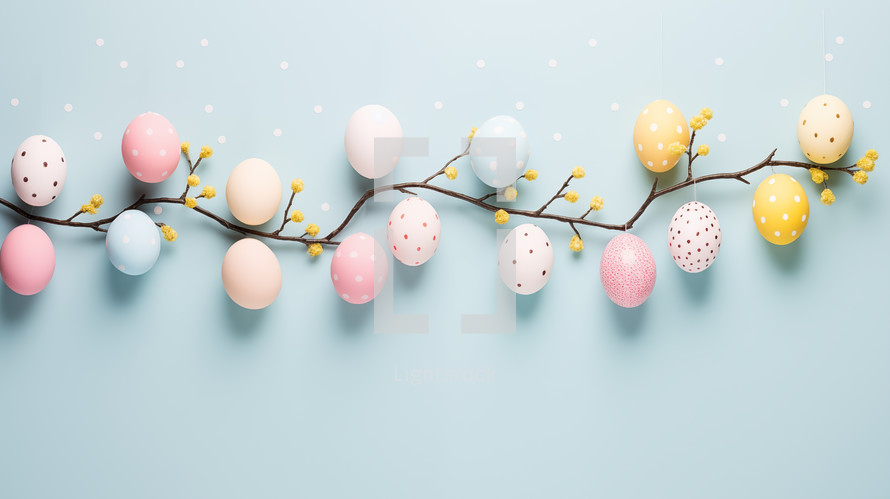 Colorful Easter eggs on a branch against a blue background. 