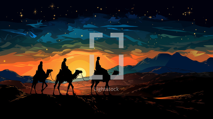 Three Wisemen journey to Bethlehem. 