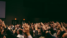 a congregation with raised hands in praise at a worship service