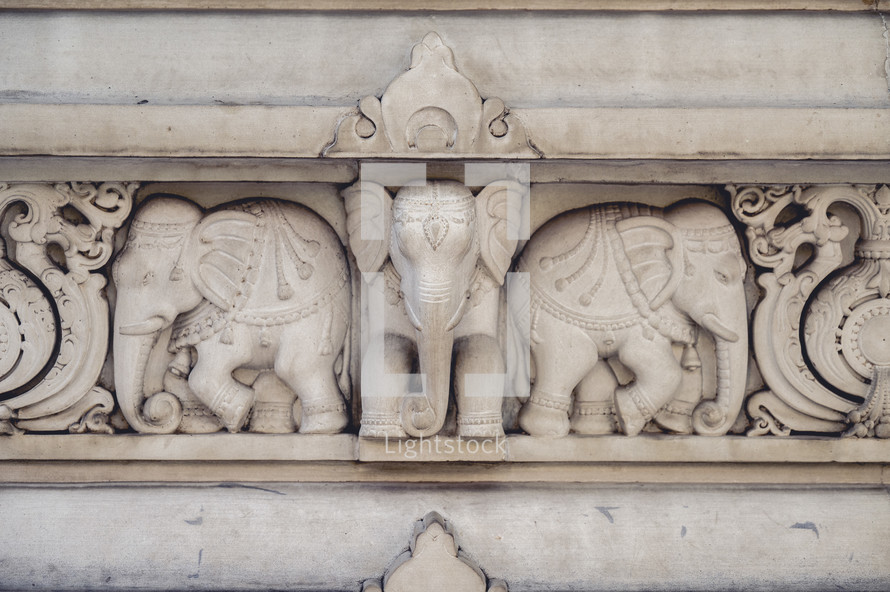 Elephant carvings on a Hindu temple in India.