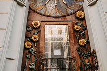 European architecture, Decorated with sunflowers entrance door. Creative design. High quality photo
