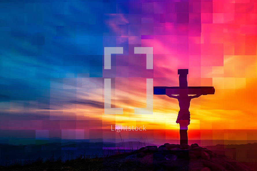The cross at sunset silhouetted against a colorful background