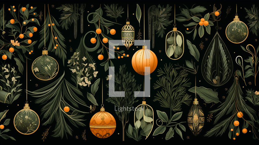 Modern Christmas ornaments and greenery background. 
