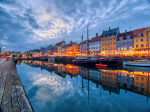 Nyhavn port in the center of Copenhagen, Denmark during summer night