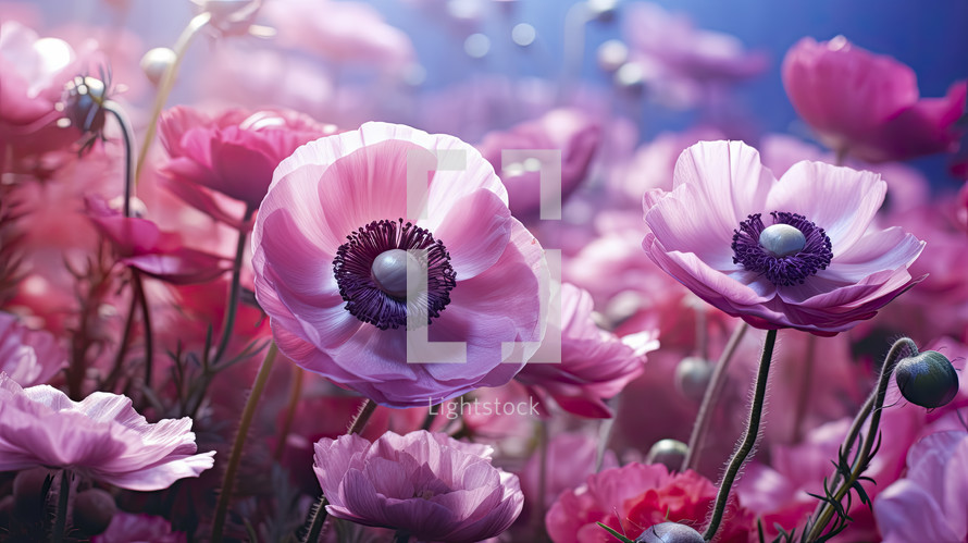 Wild pink and red flower meadow in fantasy landscape. Nature concept.