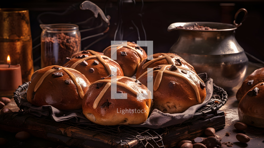 Abstract art. Colorful painting art of an exquisite plate of food. Chocolate hot cross buns.