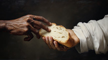 Communion, a white hand sharing bread with a black hand