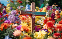 Wooden Crucifix into a garden full of flowers