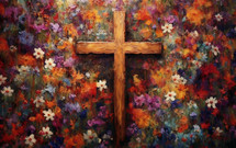 Wooden Christianity Crucifix into a garden full of flowers