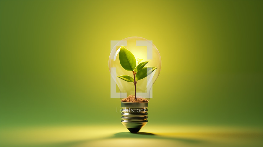 Green plant growing in a light bulb on a green background.